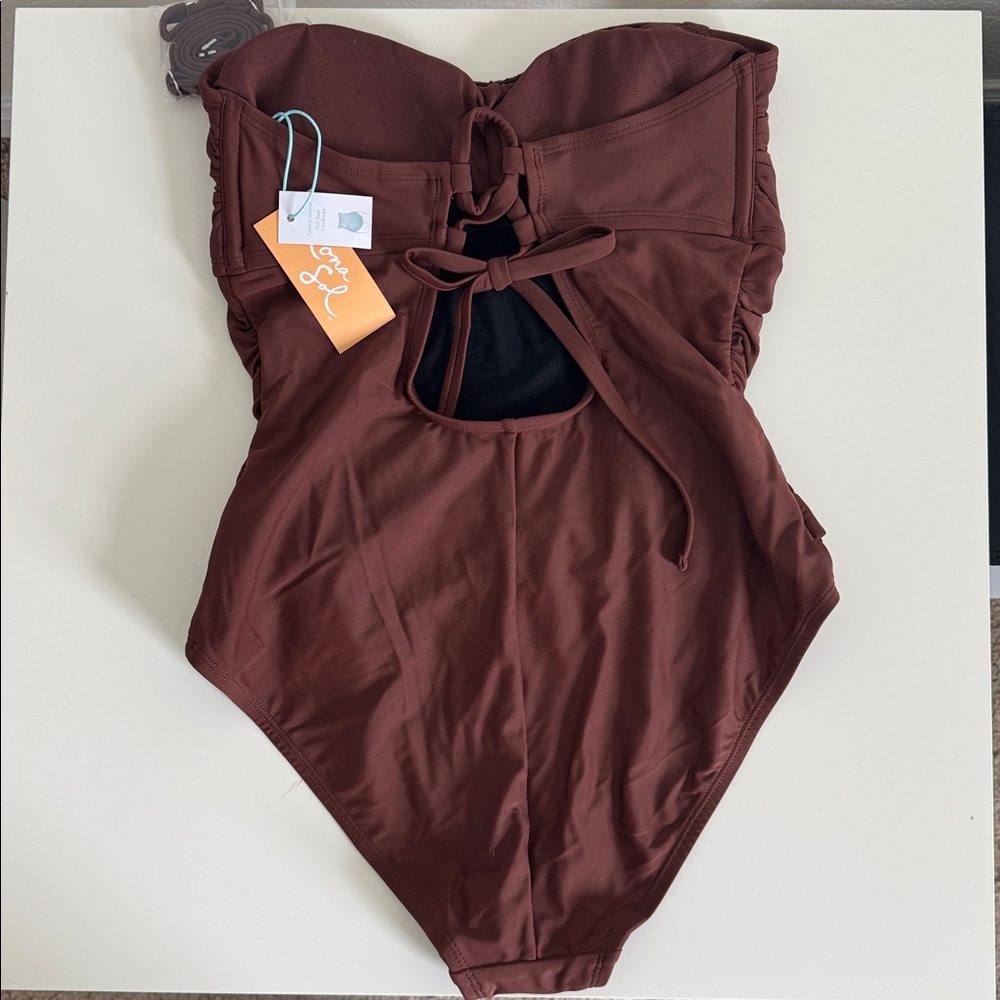 NWT Kona Sol Brown Strapless Ruched One Piece Swimsuit M 8-10 - Picture 5 of 8